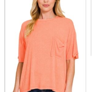 Zenana ribbed Short-Sleeve Pocket Tee - Coral